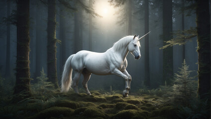 Obraz na płótnie Canvas white unicorn in mysterious forest at night with moonlight glow