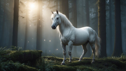 white unicorn in mysterious forest at night with moonlight glow