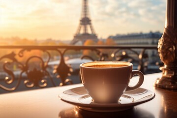 Coffee cup in Parisian cafe with Eiffel Tower backdrop. Generative AI