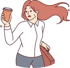 Late woman office clerk runs with coffee in hands to be on time for business meeting with boss