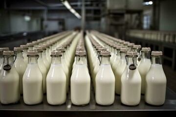Bottled milk in a factory. Generative AI