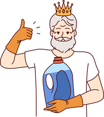 Older man holds bottle of detergent and gives thumbs up, recommending quality liquid fabric softener