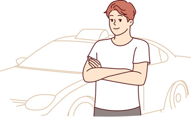 Man stands near taxi car and crosses arms, posing before long trip to work or home.