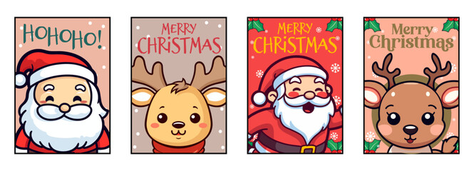 Festive Christmas and New Year Greetings with Adorable Santa Claus and Reindeer, Lettering Vector in a Card Set
