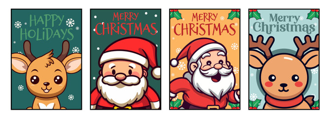 Obraz premium Cute Santa Claus and Reindeer Featured in Merry Christmas and Happy New Year Card Set, Lettering Vector