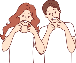 Happy man and woman smile broadly and raise fingers to mouths, recommending use whitening toothpaste