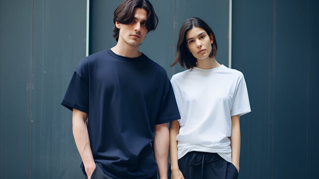 man and women in oversize t-shirts 