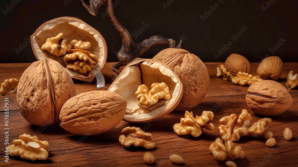 Wall mural Walnuts and cracked walnuts on a wooden table, dark background - Wall murals