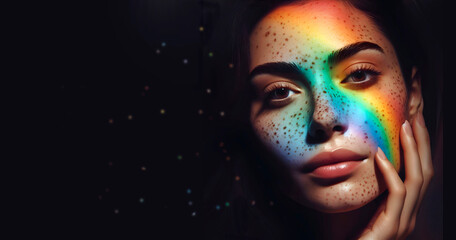 Retrato de una bella joven con maquillaje multicolor.