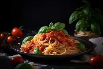 Spaghetti with tomato sauce on a plate. Generative AI