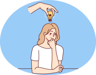 Pensive businesswoman with lightbulb above head