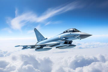 Moderner Düsenjäger, Eurofighter Typhoon, Kampfflugzeug in Tarnfarbe, erstellt mit generativer KI - obrazy, fototapety, plakaty