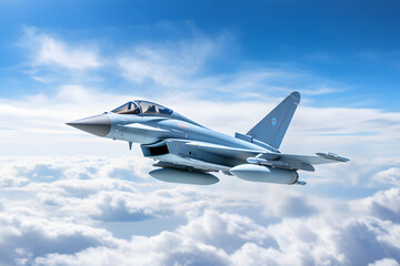 Moderner Düsenjäger, Eurofighter Typhoon, Kampfflugzeug in Tarnfarbe, erstellt mit generativer KI - obrazy, fototapety, plakaty