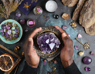 The witch is holding amethyst stone surrounded magic things. View from above.