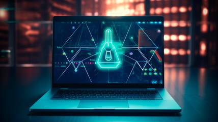 padlock with hologram of computer on the table with cyber security concept