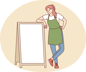Smiling waitress near mockup board