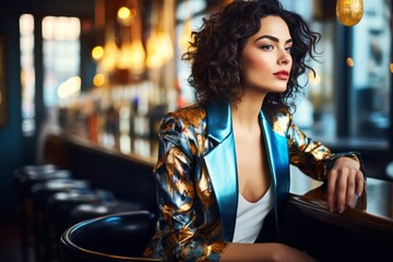 Profile portrait of oung beautiful brunette model woman wearing a shining suit sitting in a bar