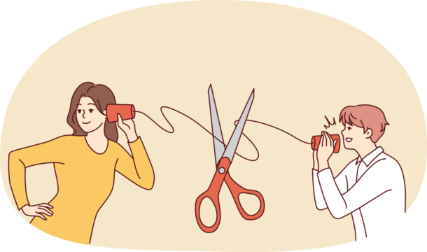 Scissors cut thread connecting couple talking - Powered by Adobe