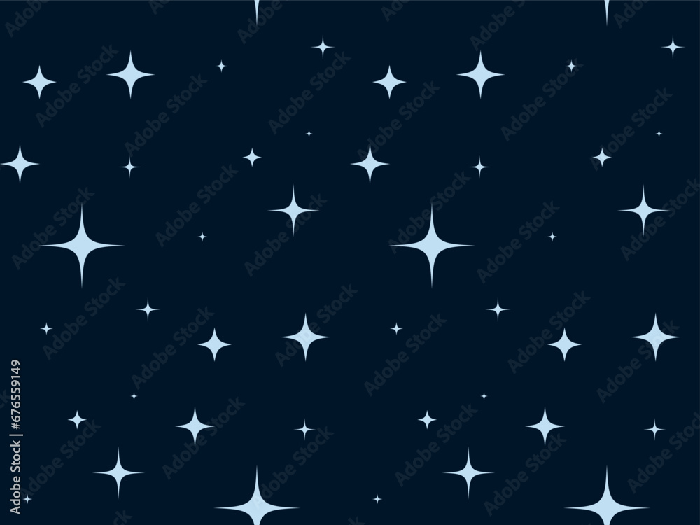 Wall mural sparkling stars of different variations on dark blue background. seamless pattern with glowing spark