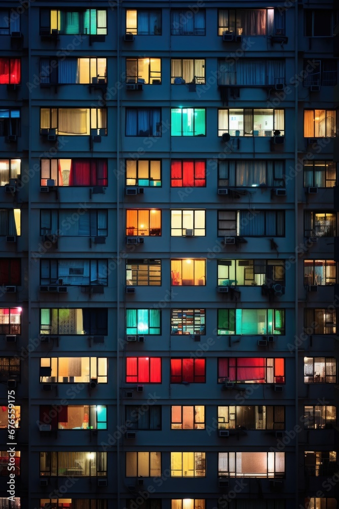 Poster Colorful windows of a tall apartment building at night. Generative AI.