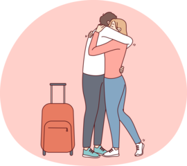 Woman hugging man with suitcase