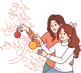 Mom and daughter decorate christmas tree, decorating branches with gift balls and garlands