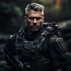 Obraz premium A man in military gear with a gun. Generative AI.