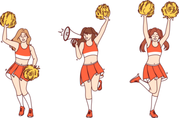 Girls cheerleaders jump and wave pom-poms in arms supporting fans of sports football team