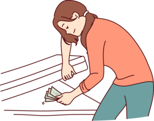 Woman hides money under mattress and smiles, keeping money safe and wanting to save up for own home