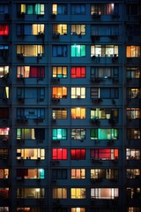 Fototapeta na wymiar Colorful windows of a tall apartment building at night. Generative AI.