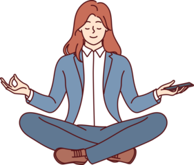 Business woman meditates and practices yoga to get rid of bad emotions or learn zen buddhism