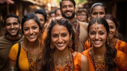 A group of people in indian clothing smiling. Generative AI.