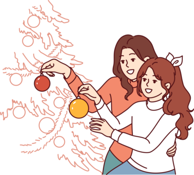 Mom and daughter decorate christmas tree, decorating branches with gift balls and garlands