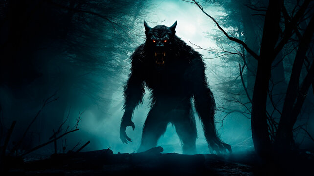 silhouette of a wolf with a dark forest background, huge werewolf