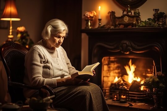 An elderly woman sits by the fireplace with a picture of her late spouse and book, loneliness