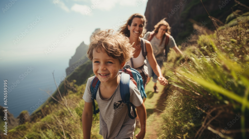 Wall mural Family with small children hiking outdoors in summer nature, walking in Madeira mountains