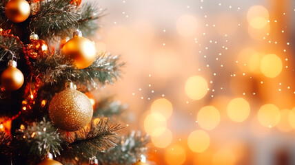closeup of christmas tree with decorations on blurred background