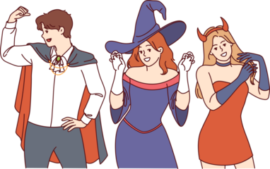 People in halloween party costumes invite you to visit festive october festival or nightclub