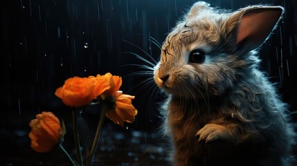  a close up of a rabbit near a flower with water droplets on it's face and a black background.  generative ai