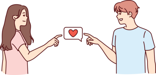 Boyfriend and girlfriend experience love and surge of romantic mood and point to heart icon together