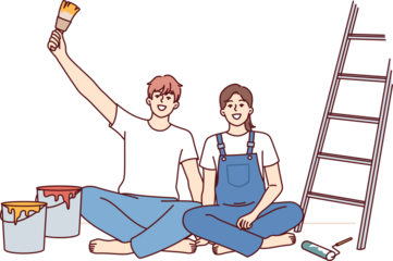 Couple makes repairs in apartment with own hands and sits on floor near ladder and buckets of paint