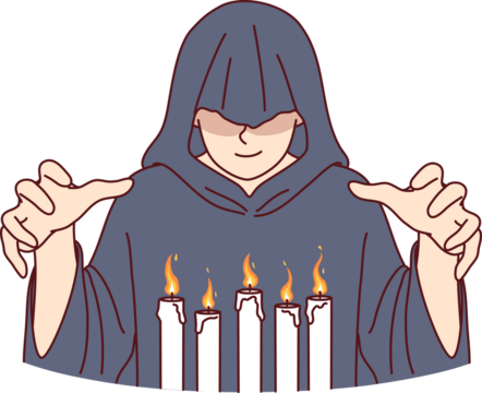 Man monk in hood stands over burning candles, performing mysterious religious ritual