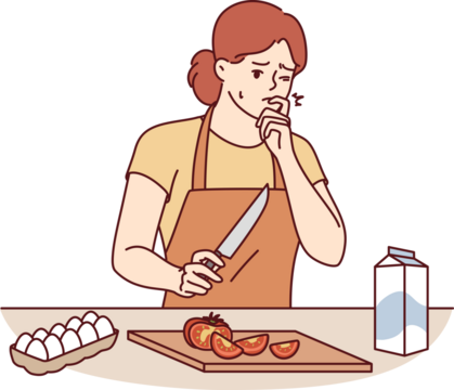 Woman housewife cooking dinner cut finger and is trying to stop bleeding, standing in kitchen - Powered by Adobe