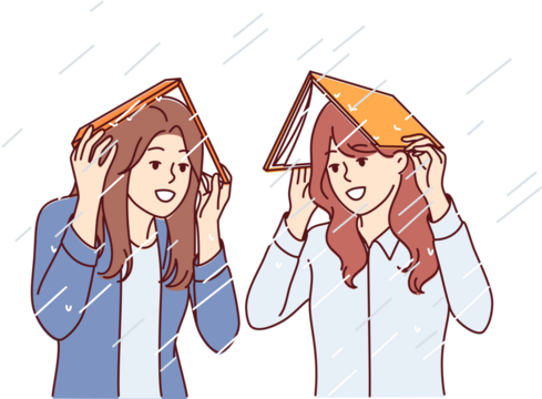 Women take shelter from rain under books and smile, rejoicing at onset of autumn season