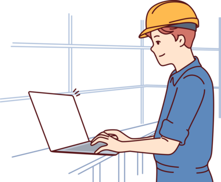 Man with laptop works as engineer in factory and performs setup of production machines