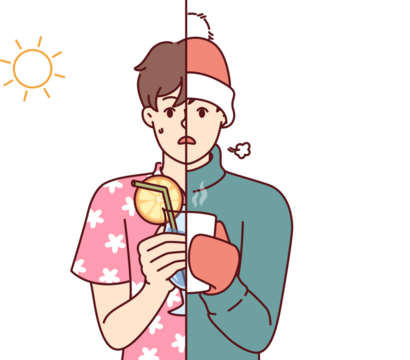 Man suffers from climatic contrast and feels unsatisfied due to change summer and winter weather