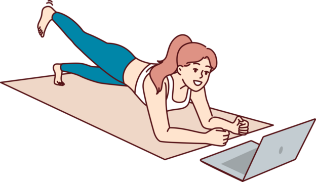 Woman is doing fitness lying on yoga mat and looking at laptop, listening to advice online trainer
