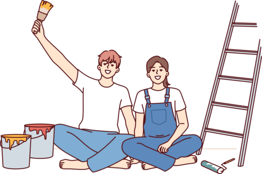Couple makes repairs in apartment with own hands and sits on floor near ladder and buckets of paint