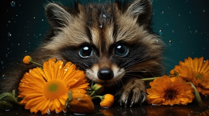  a close up of a raccoon near flowers with water droplets on the top of the raccoon.  generative ai