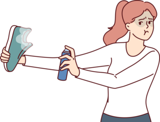 Shoe disinfectant spray in hands of woman trying to get rid of bad smell caused by foot fungus